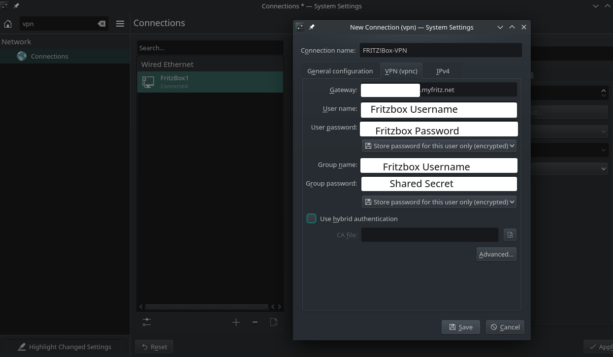 Using the AVM Fritzbox VPN on Manjaro (KDE)